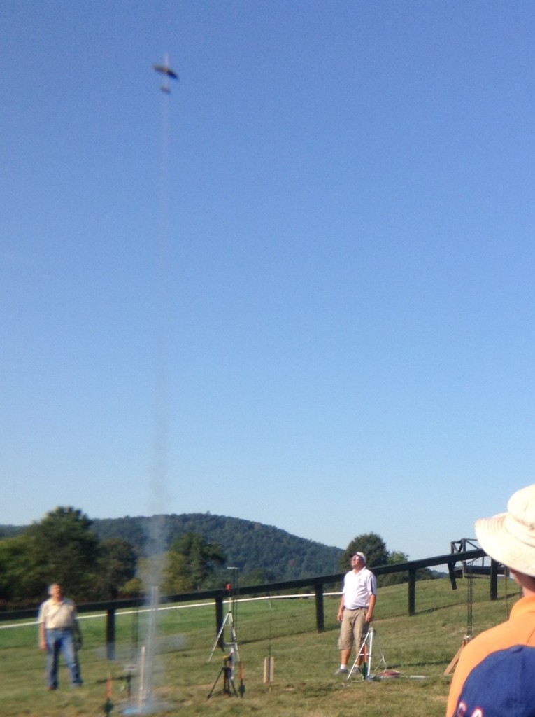 The rocket boost of Randy Ringner's (left) model launches skyward before transitioning to a glide.